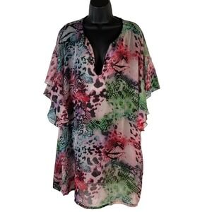 Peppermint Bay Sheer 3/4 Sleeve Swim Coverup Size 2XL Multi Beach Lounge Resort